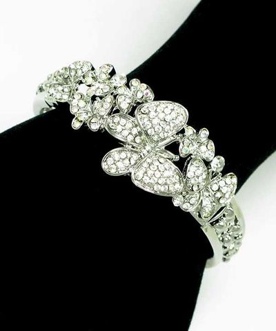 Silver w/Clear Austrian Crystal Butterfly Open Bangle Bracelet 