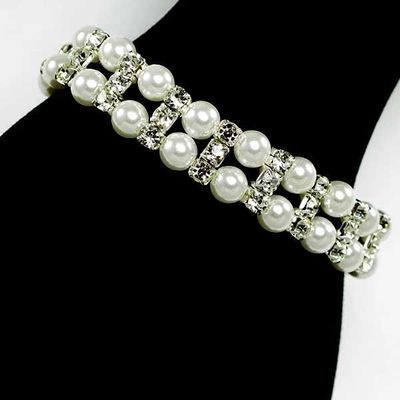 Silver w/rhinestone & pearl stretch bracelet