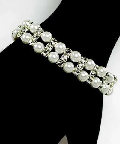 Silver w/Rhinestone & Pearl Stretch Bracelet