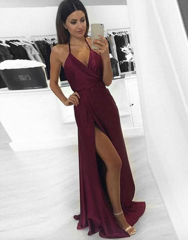 Simple v neck burgundy long prom dress, burgundy evening dress,PD1702701