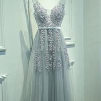 Gray v neck lace tulle long prom dress, gray evening dress,PD1702702 - Thumbnail 1