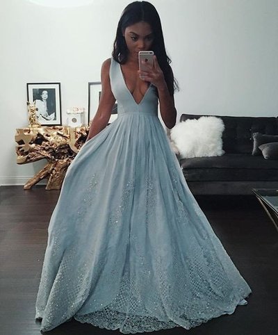 blue Prom Dresses,V-neck prom dress,charming prom Dress,party prom dress,evening dress,PD1702704