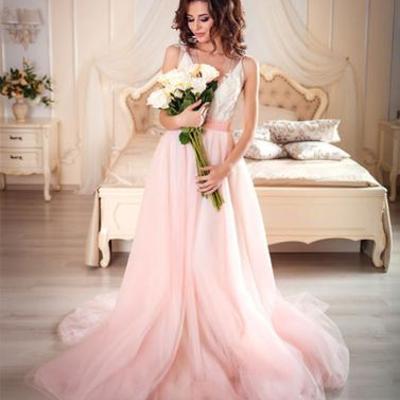 Pink a line v neck tulle lace long prom gown, pink evening dress,pd1702707 - Thumbnail 5