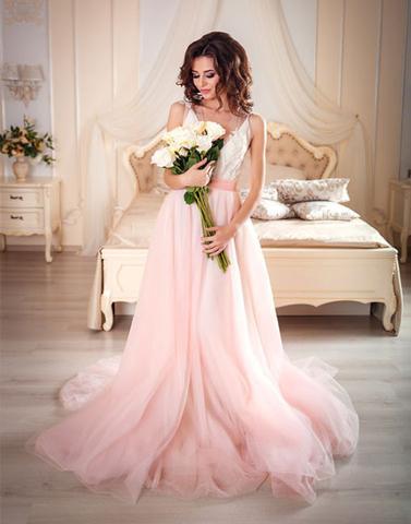 Pink A line v neck tulle lace long prom gown, pink evening dress,PD1702707