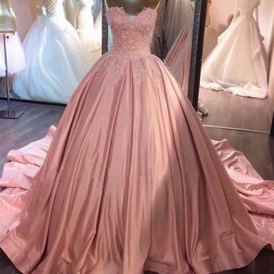 Pink sweetheart neck lace long prom gown, pink evening dress,pd1702708 - Thumbnail 5