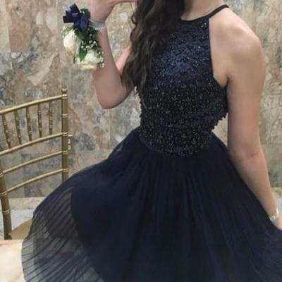 Cute black round neck tulle short prom dress, homecoming dress,pd1702709