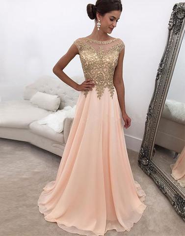Pink A line round neck chiffon long prom dress, pink evening dress,PD1702710