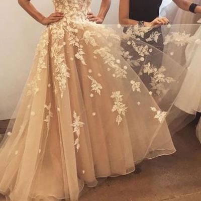 Champagne sweetheart neck tulle lace long prom dress, evening dress,pd1702713