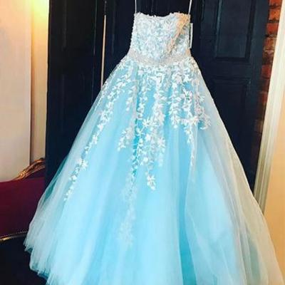 Beautiful a line tulle lace long prom dress, blue evening dress,pd1702715