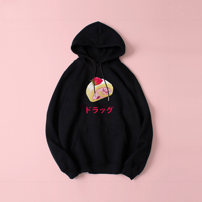 JAPANESE VAPORWAVE STRAWBERRY CAKE IS DRUG HOODIE IN BLACK