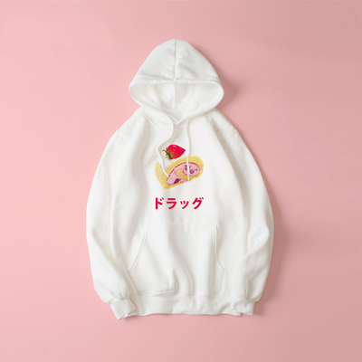 JAPANESE VAPORWAVE STRAWBERRY CAKE IS DRUG HOODIE IN WHITE