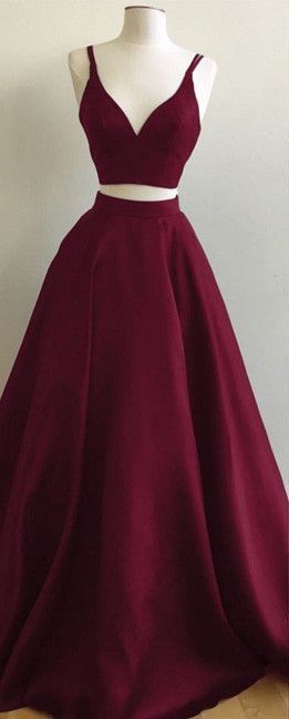A-Line Two-Piece Simple V-Neck Burgundy Long Prom Dress