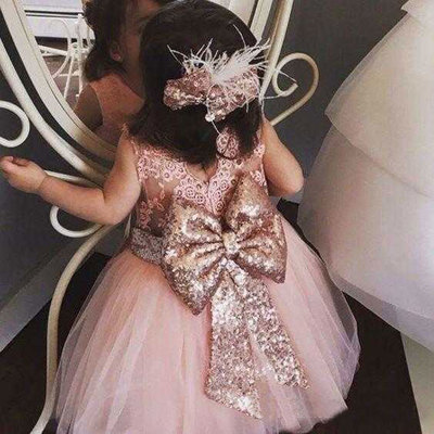 Sweet Pink Flower Girl Dresses with Gold Sequind Bowknot