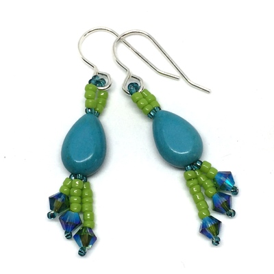 Aqua color magnesite natural stone and crystals with lime green earrings on sterling silver ear hooks