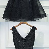 Cute Black V Neck Lace Short Prom Dress, Homecoming Dresses - Thumbnail 4