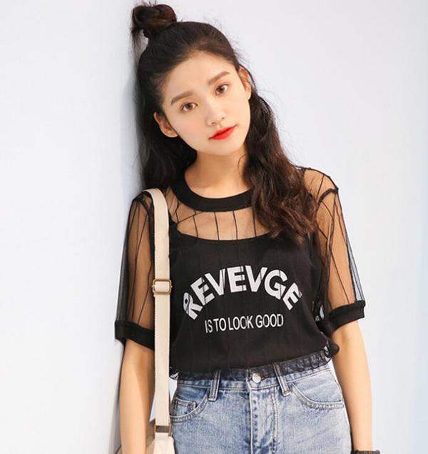 Sexy Gauze Two Piece Letter Print T-shirt Vest