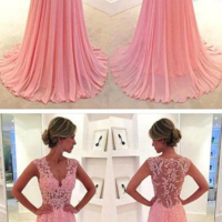 Lace V-neck see-through long chiffon prom dress Blush Pink Vintage Lace Classic Prom Dresses 2016 - Thumbnail 4