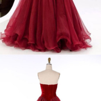 A-line Strapless Ruching V Neck Red Long Prom Dresses - Thumbnail 4