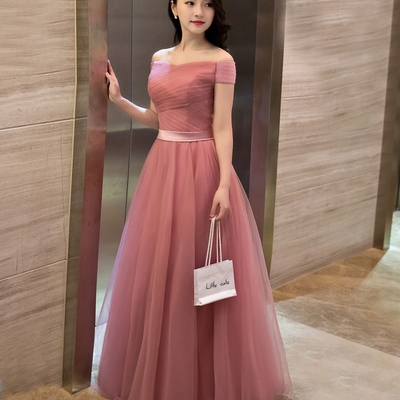 Elegant pink a line off shoulder tulle long prom dress, evening dress - Thumbnail 5