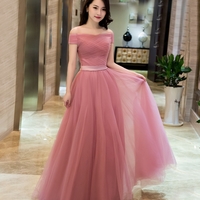 Elegant pink A line off shoulder tulle long prom dress, evening dress - Thumbnail 1