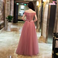 Elegant pink A line off shoulder tulle long prom dress, evening dress - Thumbnail 2