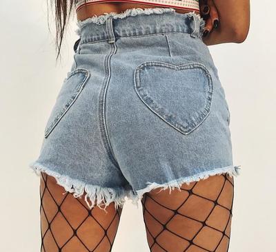 Heart Pockets Ripped Denim Shorts