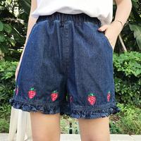 Strawberry Emboridered Ruffle Denim Shorts - Thumbnail 3