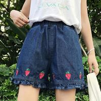 Strawberry Emboridered Ruffle Denim Shorts - Thumbnail 4