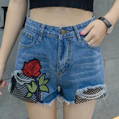 Rose embroidery fishnet denim shorts - Thumbnail 3