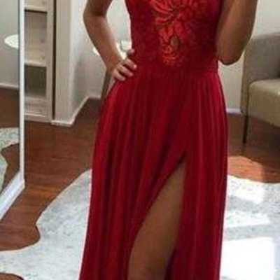 Elegant red split side long prom dresses evening dresses for women - Thumbnail 5