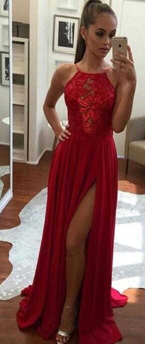 Elegant Red Split Side Long Prom Dresses Evening Dresses for Women
