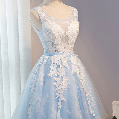 Light sky blue tulle homecoming dresses with white lace appqliues  - Thumbnail 5