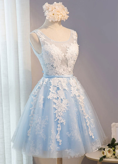 Light Sky Blue Tulle Homecoming Dresses with White Lace Appqliues 