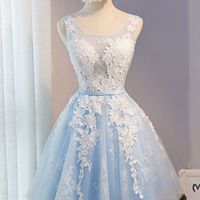 Light Sky Blue Tulle Homecoming Dresses with White Lace Appqliues  - Thumbnail 1