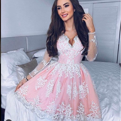 Charming a line v neck long sleeve lace short prom dress, lace homecoming dress