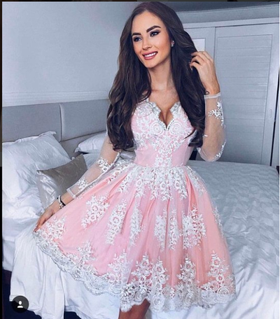 Charming A line v neck long sleeve lace short prom dress, lace homecoming dress