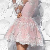 Charming A line v neck long sleeve lace short prom dress, lace homecoming dress - Thumbnail 1