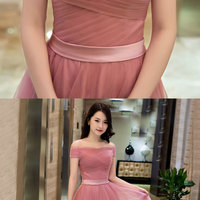 Elegant pink A line off shoulder tulle long prom dress, evening dress - Thumbnail 4