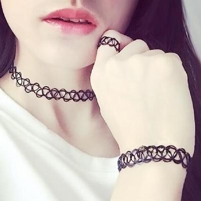 Punk black tattoo elastic choker + bracelet + ring set