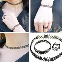 Punk Black Tattoo Elastic Choker + Bracelet + Ring Set - Thumbnail 4