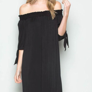 Off Shoulder Simple Black Dress - Thumbnail 1