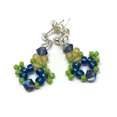Lime Green and Aqua Crystal Sterling Silver Stud Earrings