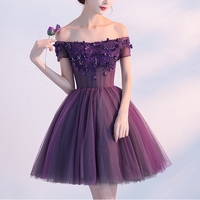 Cute A line purple off shoulder short prom dress, homecoming dress - Thumbnail 2