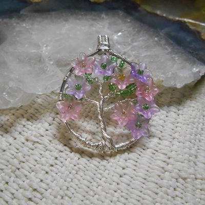 Pink and purple flower tree of life necklace