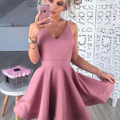 A-line v-neck sleeveless short blush satin prom homecoming dress,short prom dress