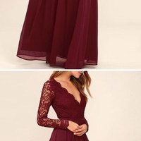 Lace Burgundy Chiffon Bridesmaid Dresses,Beautiful Simple Prom Dress with Long Sleeves - Thumbnail 3