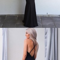 Black Sleeveless Long Prom Dress,Sexy Spaghetti-Strap Cross-Back Mermaid Prom Dress - Thumbnail 4