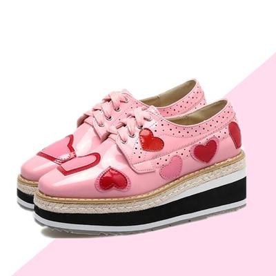 Pink / black heart oxford wedges shoes