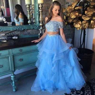 Sexy off the shoulder beaded organza 2 piece blue long prom dresses homecoming dresses - Thumbnail 4