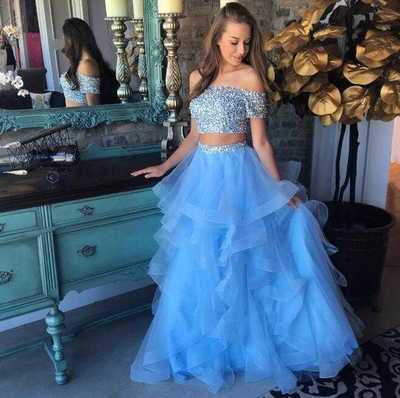 Sexy Off the Shoulder Beaded Organza 2 Piece Blue Long Prom Dresses Homecoming Dresses